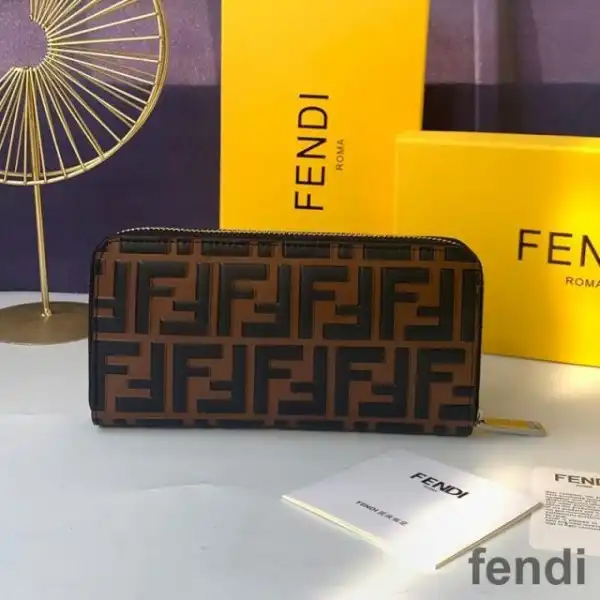 Affordable Fendi Zip Around Wallet In FF Motif Nappa Leather Coffee