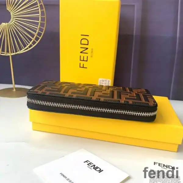 Affordable Fendi Zip Around Wallet In FF Motif Nappa Leather Coffee