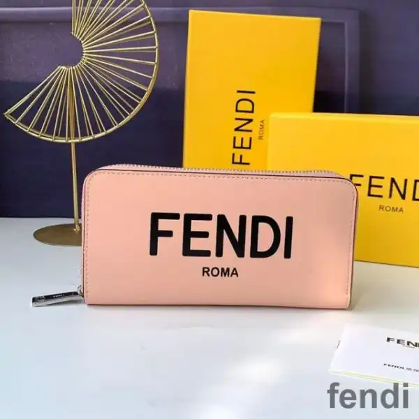 Cheap Fendi Zip Around Wallet In ROMA Logo Calf Leather Pink