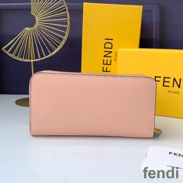 Cheap Fendi Zip Around Wallet In ROMA Logo Calf Leather Pink