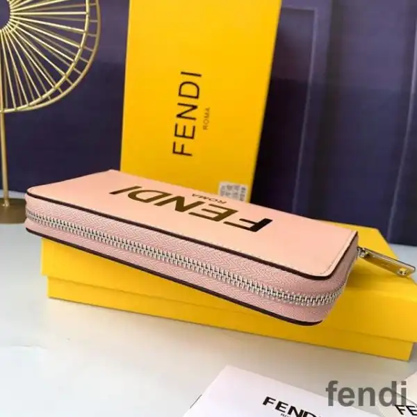 Cheap Fendi Zip Around Wallet In ROMA Logo Calf Leather Pink