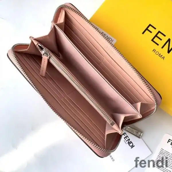 Cheap Fendi Zip Around Wallet In ROMA Logo Calf Leather Pink