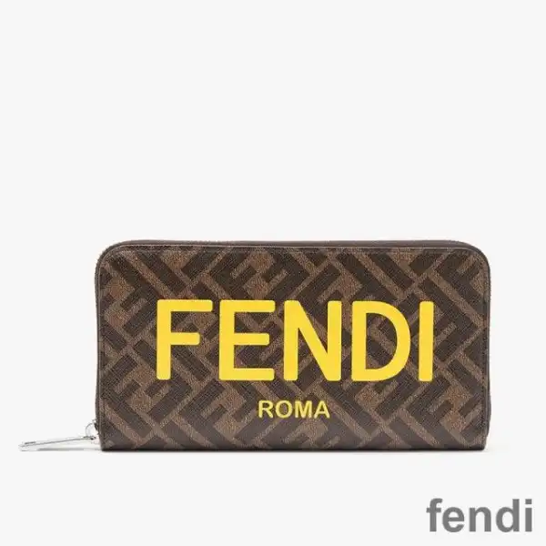 Affordable Fendi Zip Around Wallet In ROMA Logo FF Motif Fabric Brown