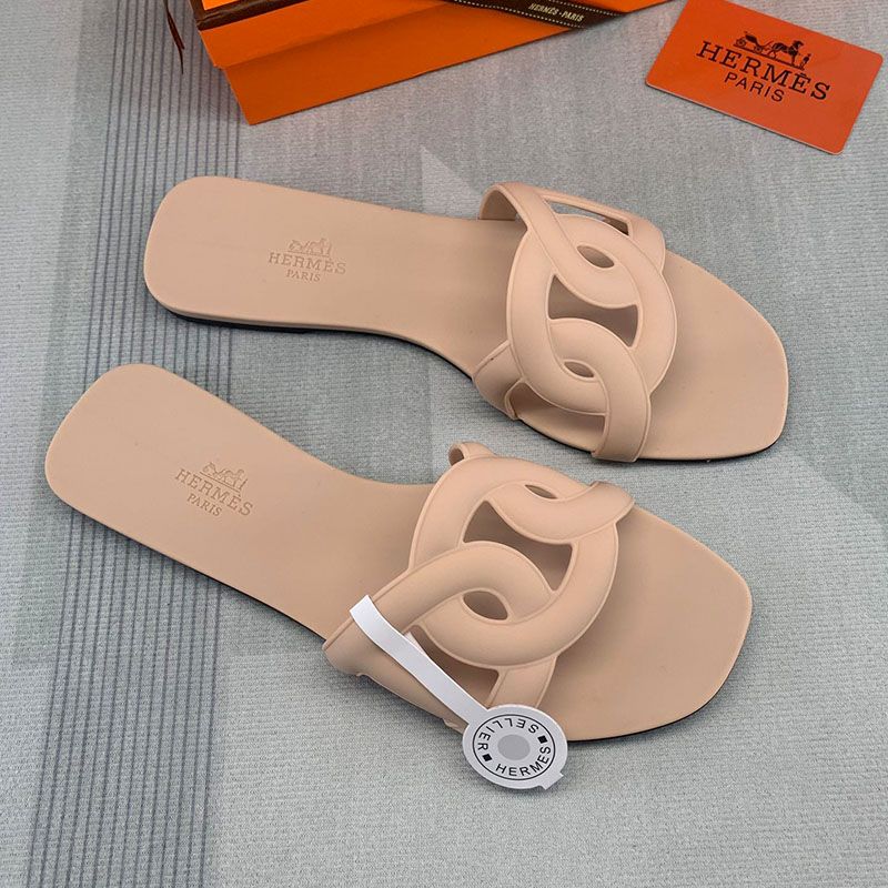 Hermes Aloha Slides Women Rubber with Chaine D'ancre In Apricot