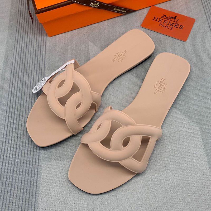 Hermes Aloha Slides Women Rubber with Chaine D'ancre In Apricot