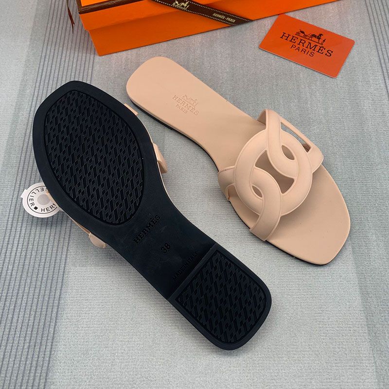 Hermes Aloha Slides Women Rubber with Chaine D'ancre In Apricot