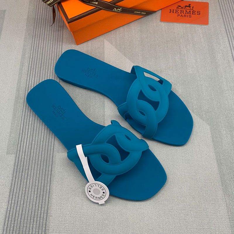 Hermes Aloha Slides Women Rubber with Chaine D'ancre In Blue