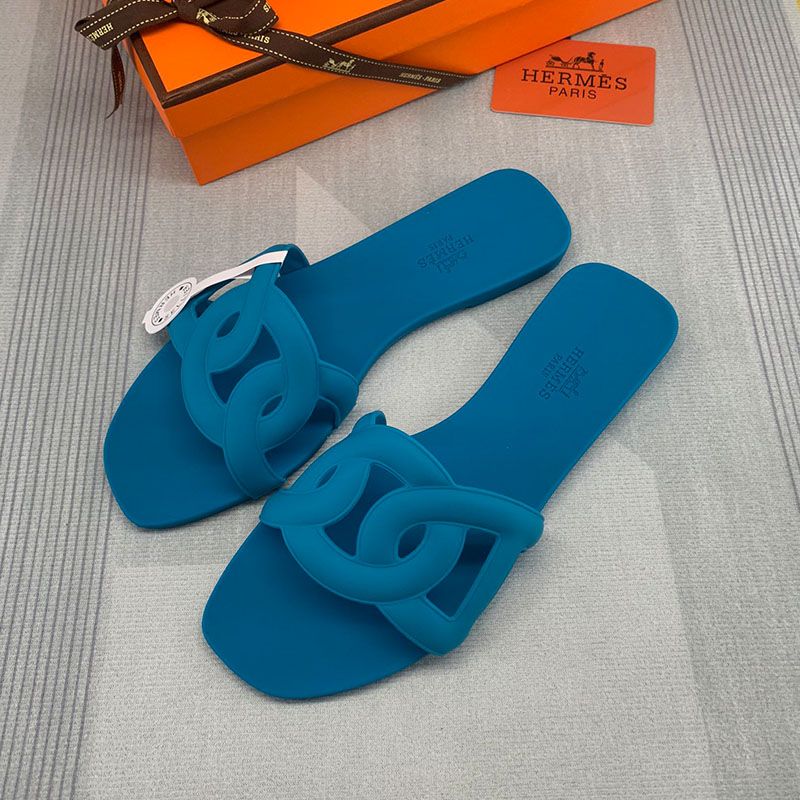 Hermes Aloha Slides Women Rubber with Chaine D'ancre In Blue