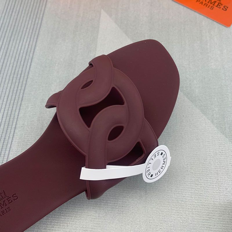 Hermes Aloha Slides Women Rubber with Chaine D'ancre In Burgundy