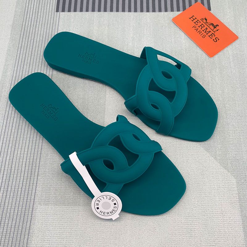 Hermes Aloha Slides Women Rubber with Chaine D'ancre In Green