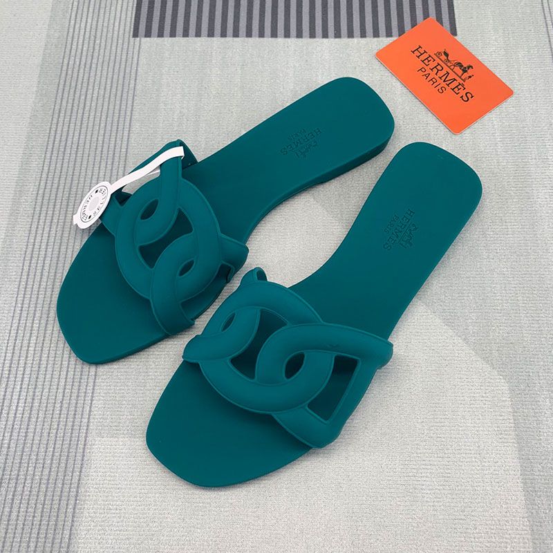 Hermes Aloha Slides Women Rubber with Chaine D'ancre In Green