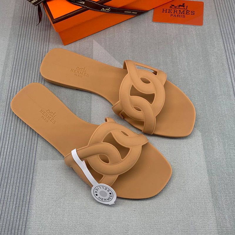 Hermes Aloha Slides Women Rubber with Chaine D'ancre In Khaki