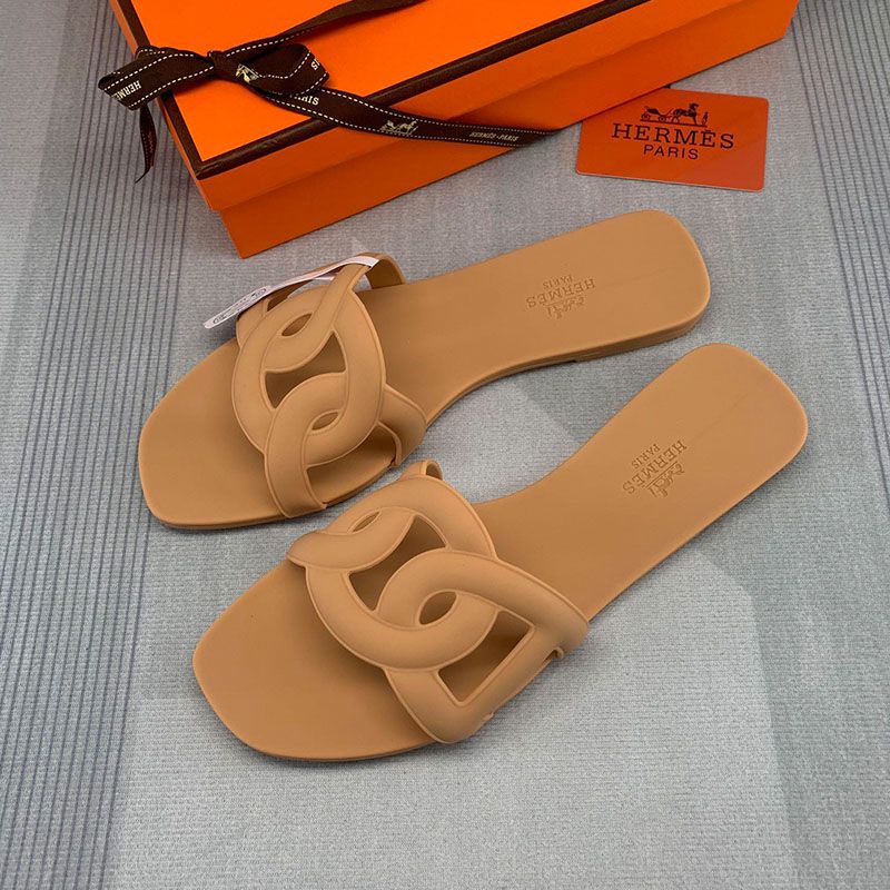 Hermes Aloha Slides Women Rubber with Chaine D'ancre In Khaki