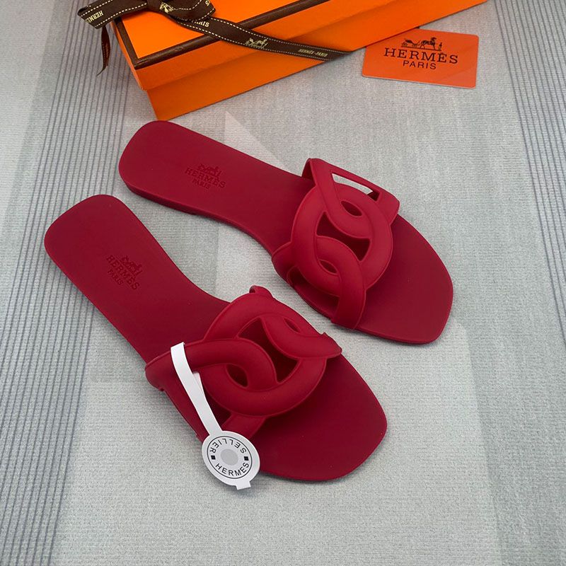 Hermes Aloha Slides Women Rubber with Chaine D'ancre In Red