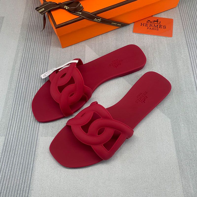 Hermes Aloha Slides Women Rubber with Chaine D'ancre In Red