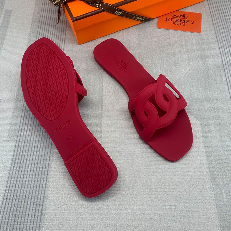 Hermes Aloha Slides Women Rubber with Chaine D'ancre In Red