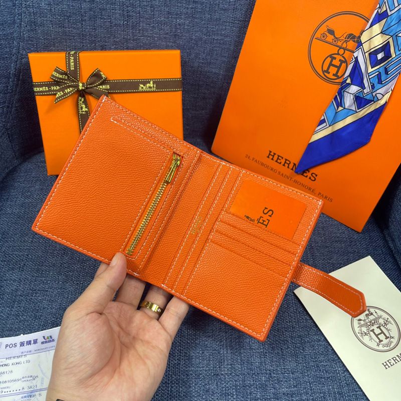 Hermes Bearn Compact Wallet Epsom Leather Gold Hardware In Orange