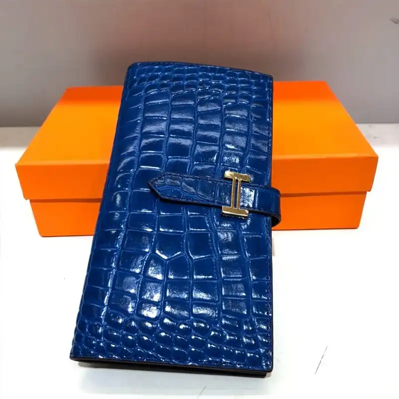 Hermes Bearn Wallet Alligator Leather Gold Hardware In Blue