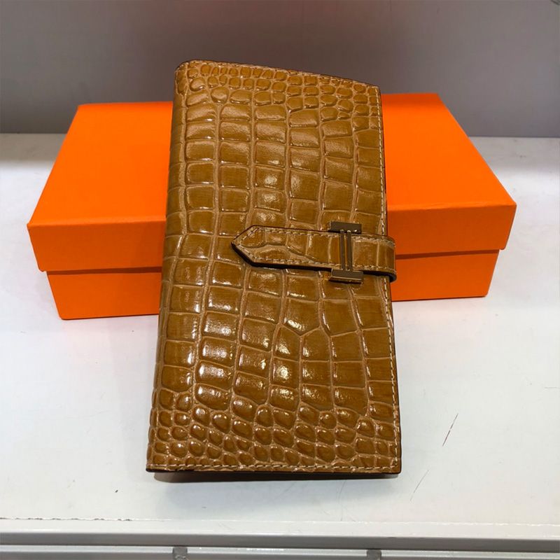 Hermes Bearn Wallet Alligator Leather Gold Hardware In Brown