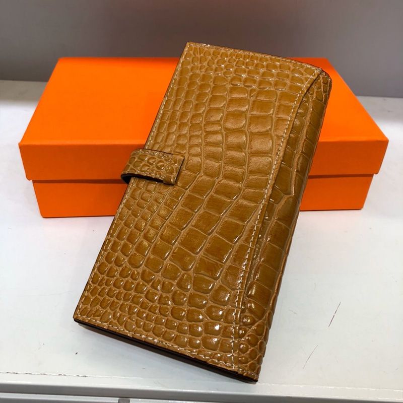 Hermes Bearn Wallet Alligator Leather Gold Hardware In Brown