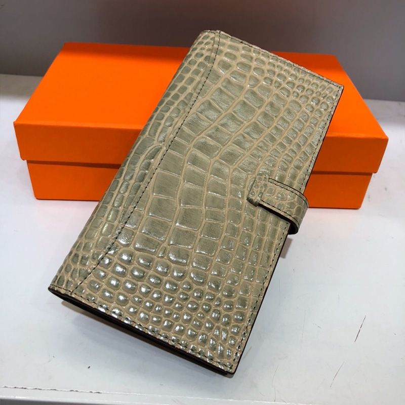 Hermes Bearn Wallet Alligator Leather Gold Hardware In Grey