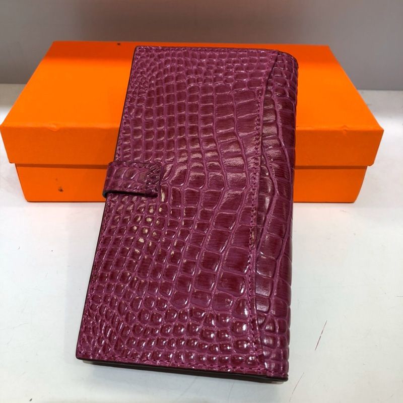 Hermes Bearn Wallet Alligator Leather Gold Hardware In Purple