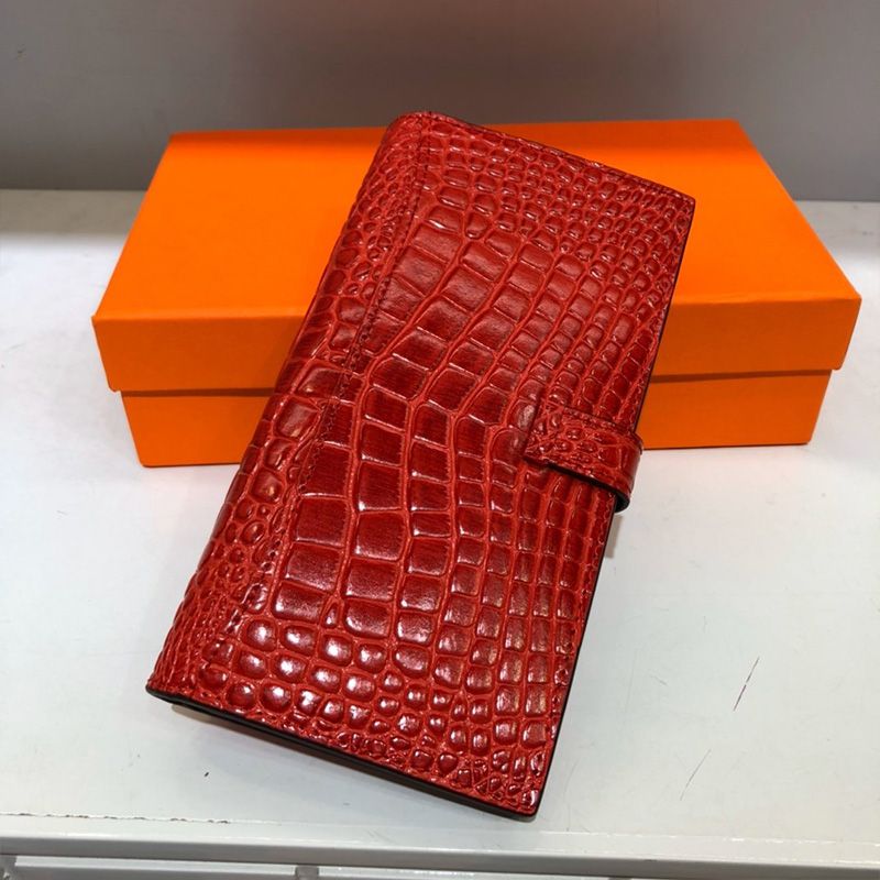 Hermes Bearn Wallet Alligator Leather Gold Hardware In Red