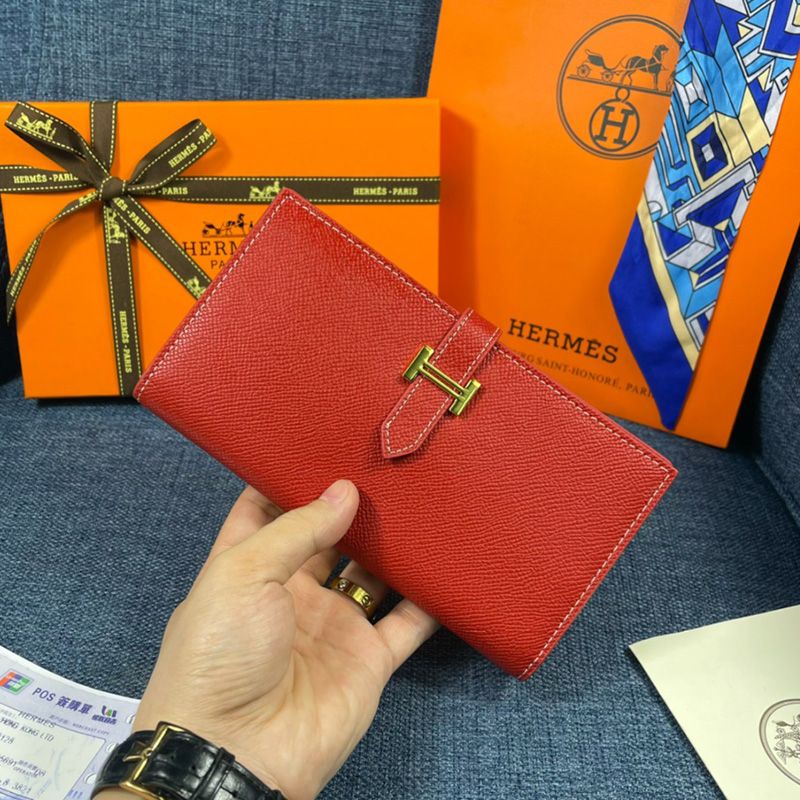 Hermes Bearn Wallet Epsom Leather Gold Hardware In Red