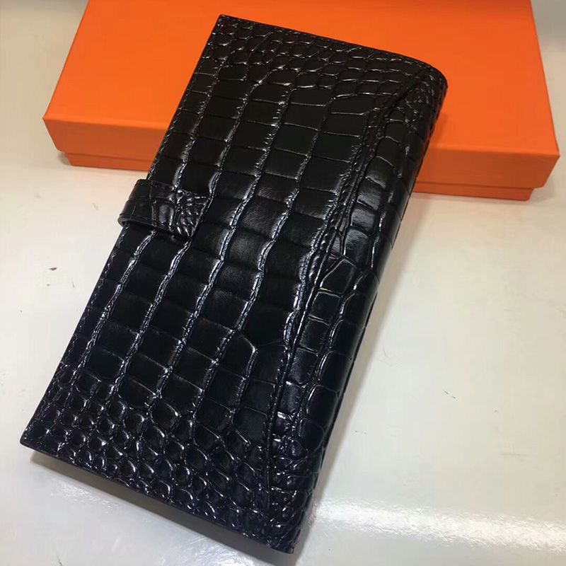 Hermes Bearn Wallet Alligator Leather Palladium Hardware In Black