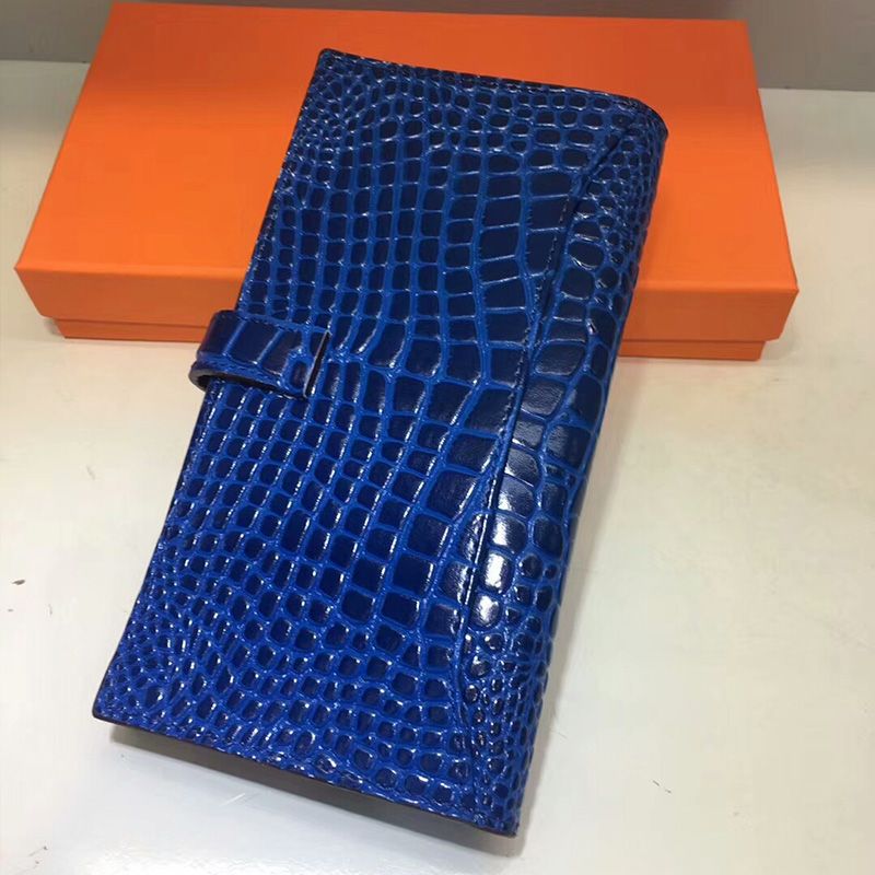 Hermes Bearn Wallet Alligator Leather Palladium Hardware In Blue