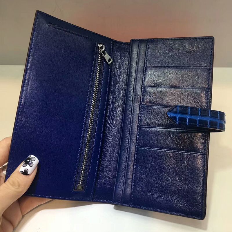 Hermes Bearn Wallet Alligator Leather Palladium Hardware In Blue