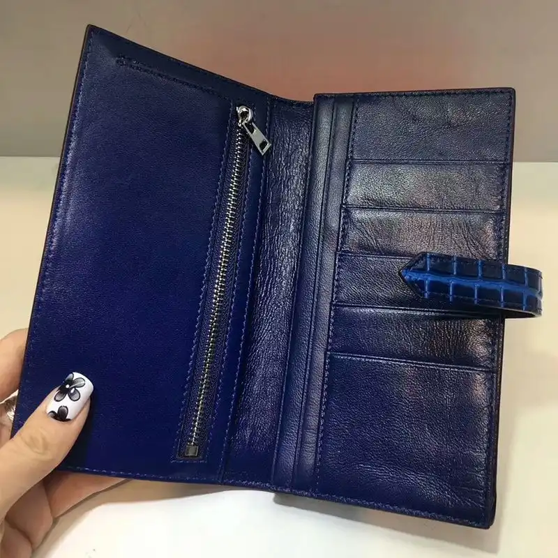 Affordable Hermes Bearn Wallet Alligator Leather Palladium Hardware In Blue