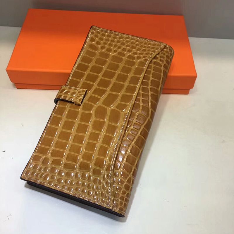 Hermes Bearn Wallet Alligator Leather Palladium Hardware In Brown