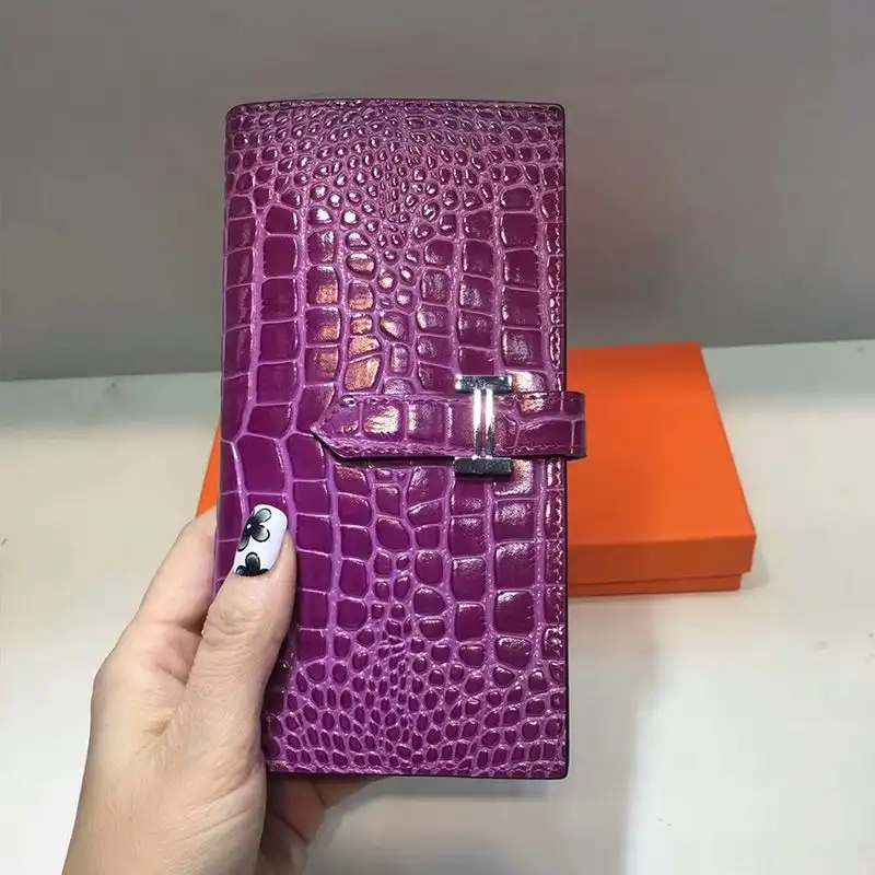 Hermes Bearn Wallet Alligator Leather Palladium Hardware In Purple