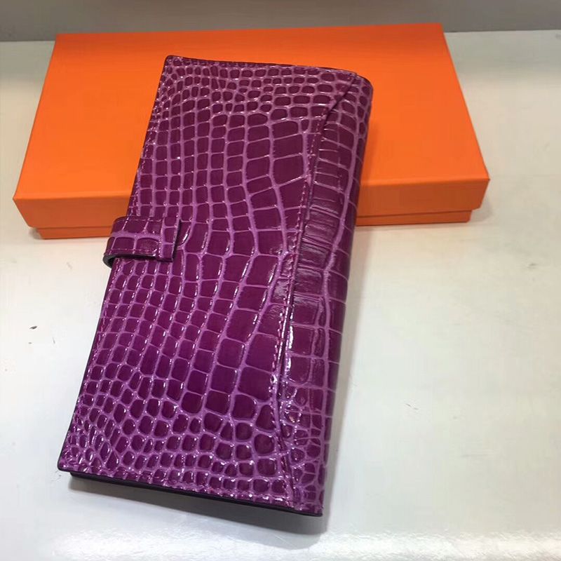 Hermes Bearn Wallet Alligator Leather Palladium Hardware In Purple