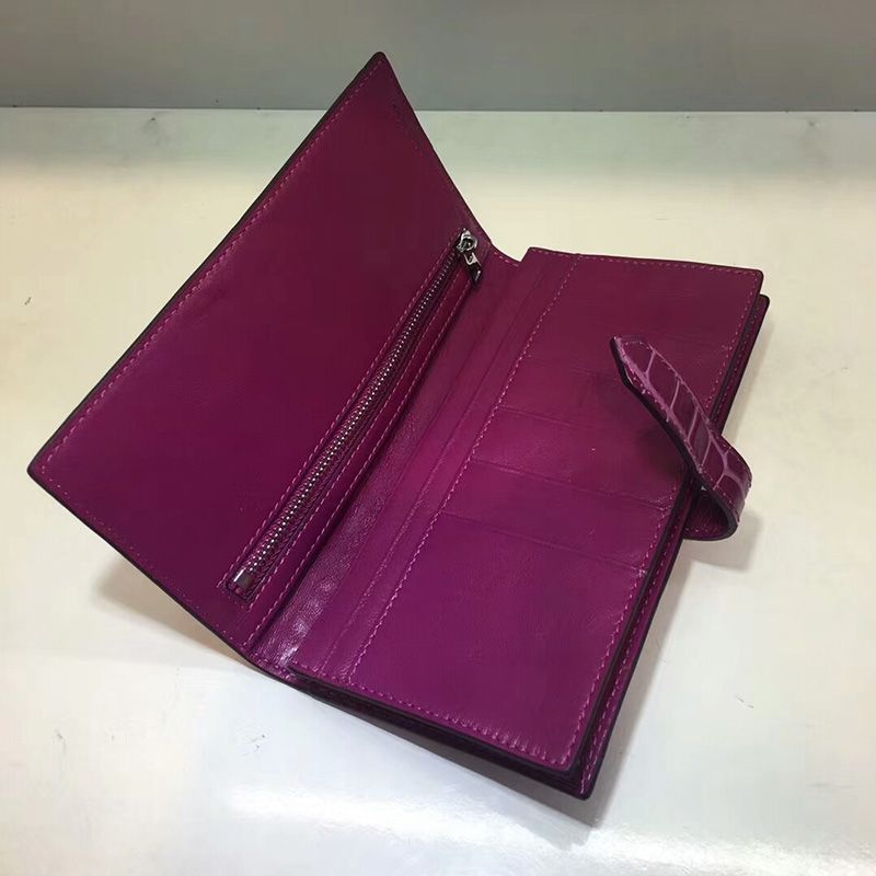 Hermes Bearn Wallet Alligator Leather Palladium Hardware In Purple