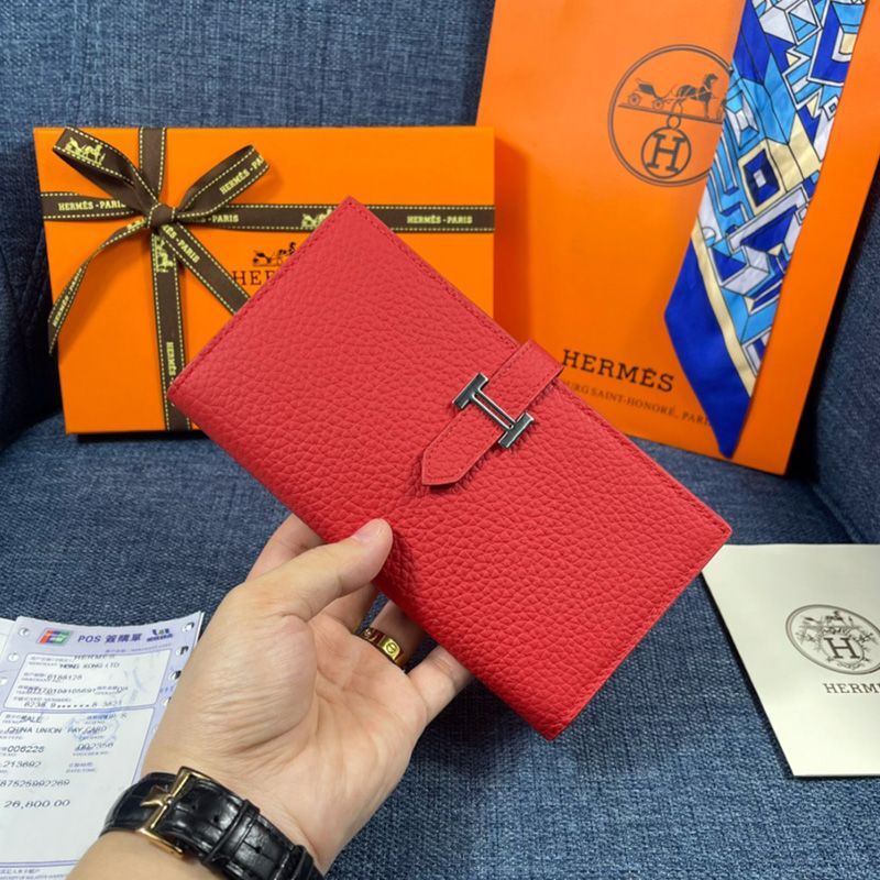 Hermes Bearn Wallet Togo Leather Palladium Hardware In Red