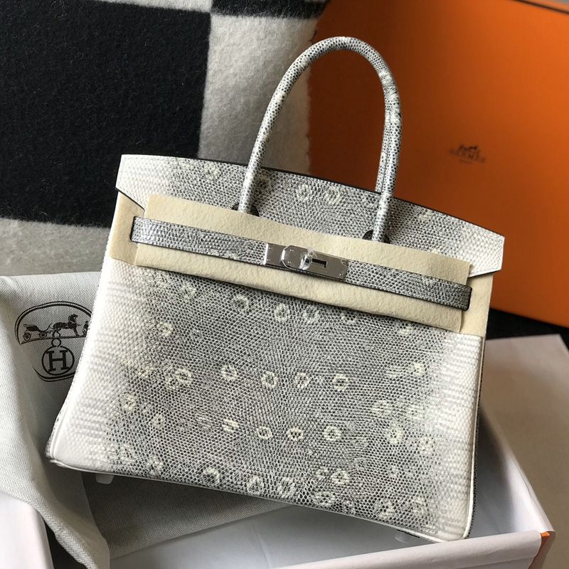 Hermes Birkin Bag Lizard Leather Palladium Hardware In White Grey