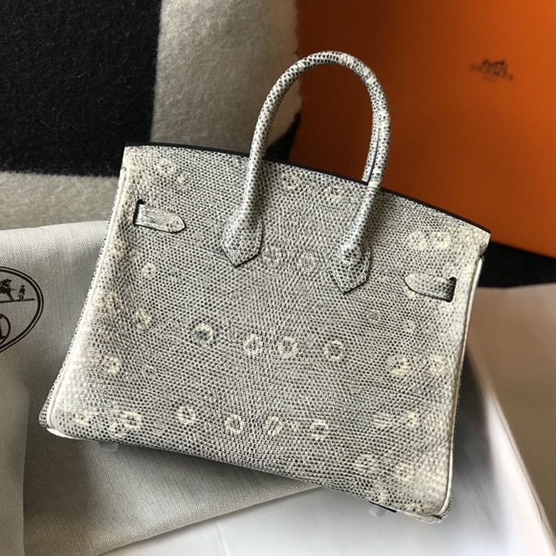 Hermes Birkin Bag Lizard Leather Palladium Hardware In White Grey