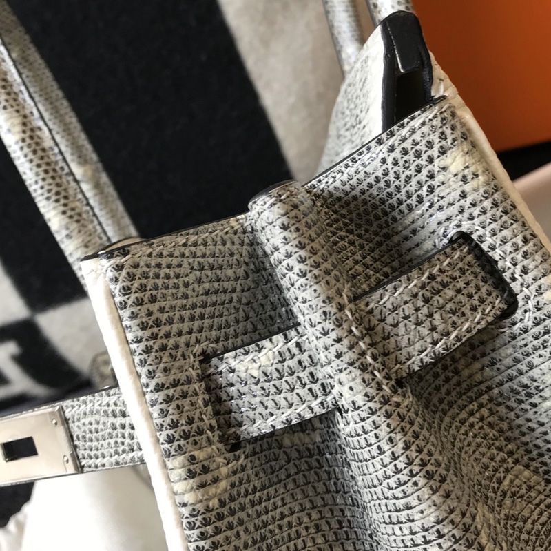 Hermes Birkin Bag Lizard Leather Palladium Hardware In White Grey