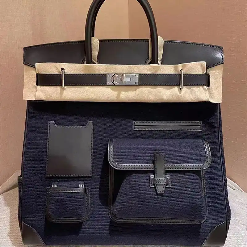 Hermes Birkin Cargo Bag Swift Leather and Canvas Palladium Hardware In Navy Blue