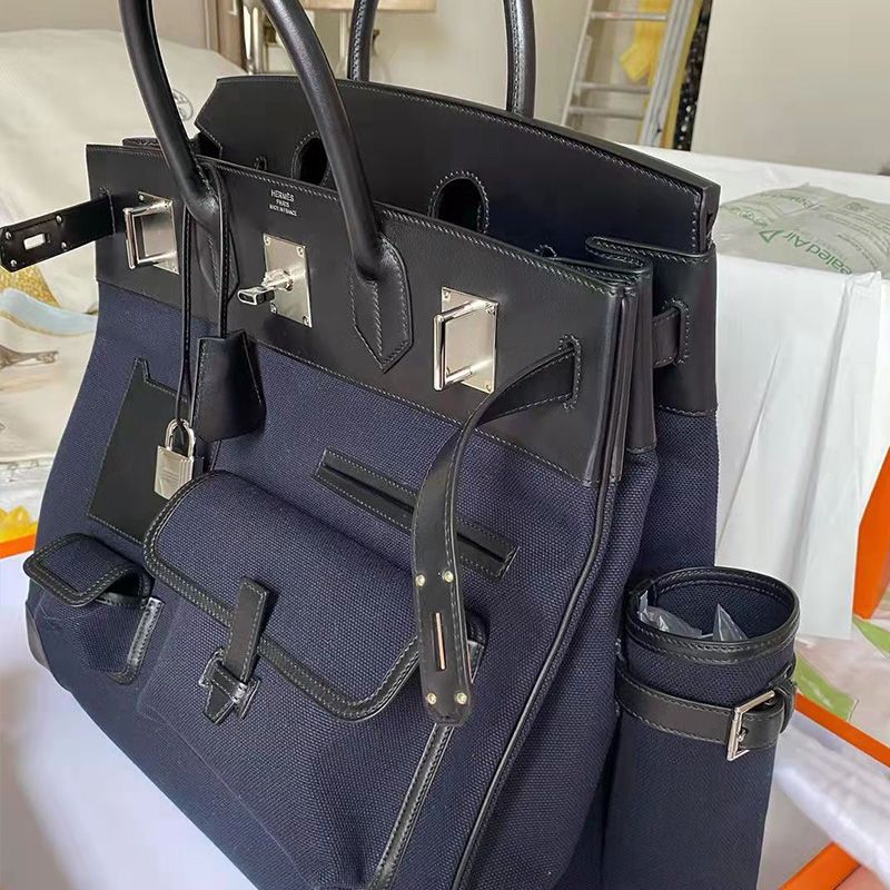 Hermes Birkin Cargo Bag Swift Leather and Canvas Palladium Hardware In Navy Blue