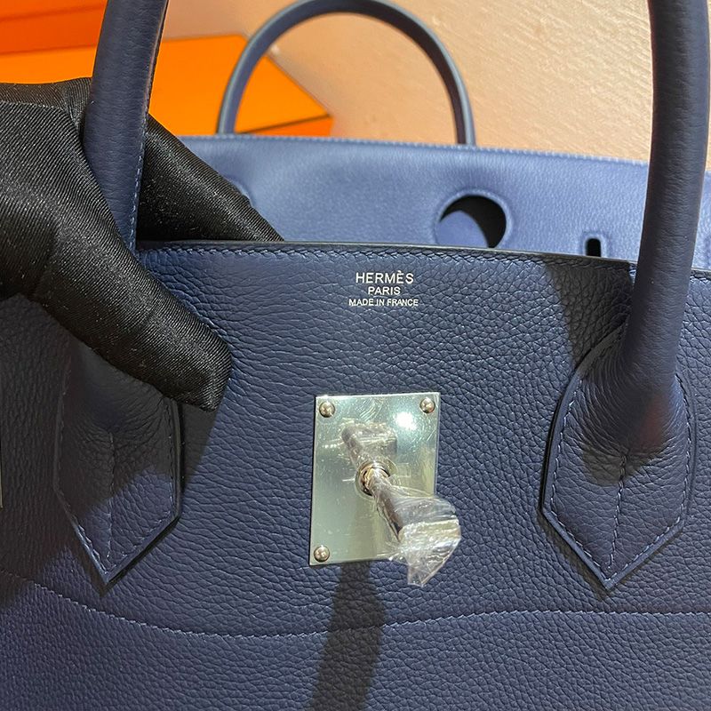 Hermes Birkin HAC Bag Togo Leather Palladium Hardware In Navy Blue