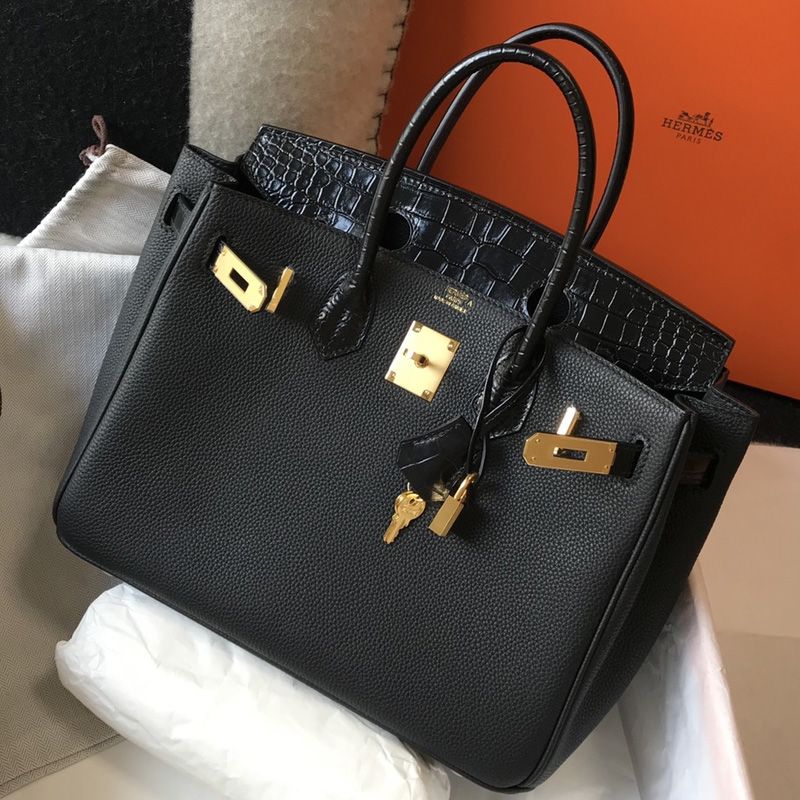 Hermes Birkin Touch Bag Alligator & Togo Leather Gold Hardware In Black