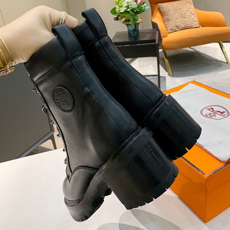 Hermes Bridge Ankle Boots Women Grained Calfskin In Black