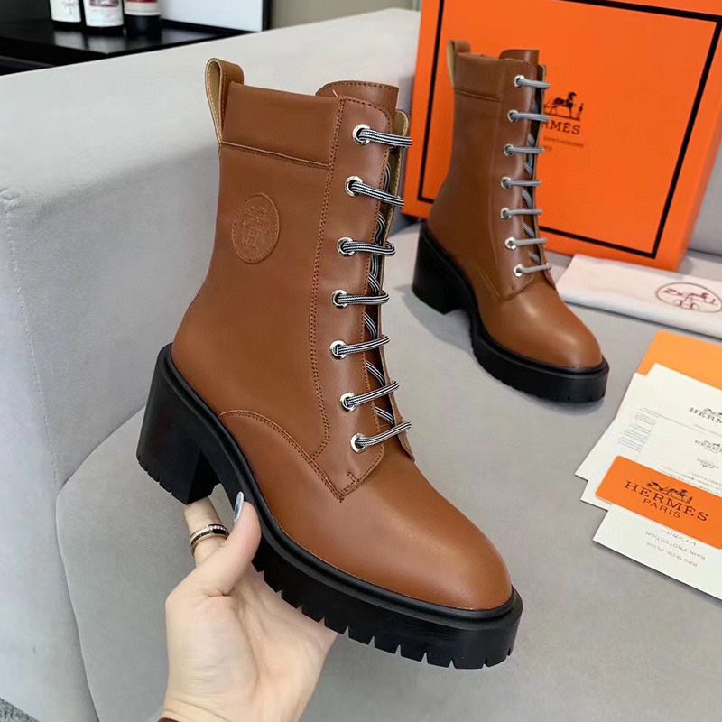 Hermes Bridge Ankle Boots Women Grained Calfskin In Brown