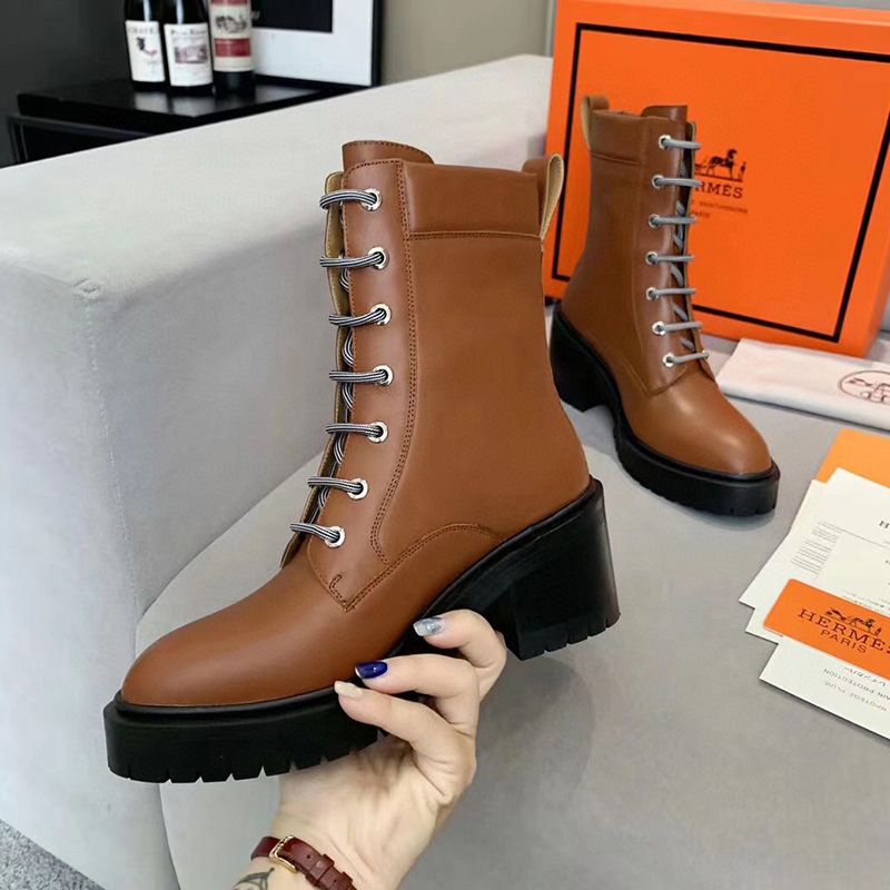 Hermes Bridge Ankle Boots Women Grained Calfskin In Brown