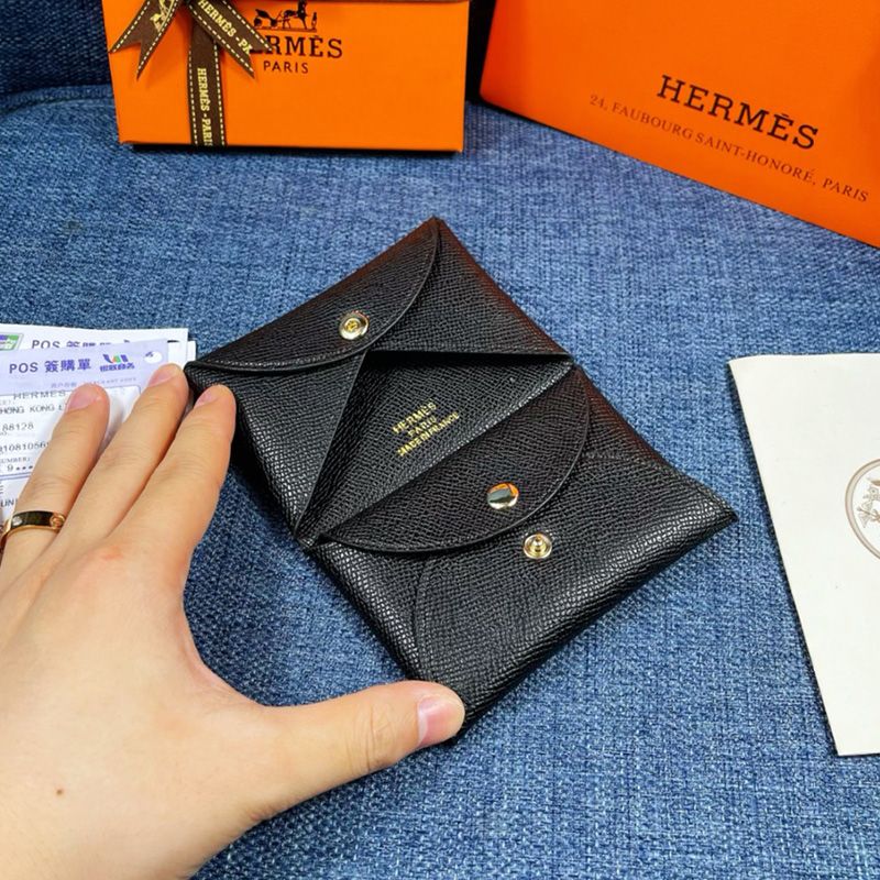 Hermes Calvi Card Holder Epsom Leather Gold Hardware In Black