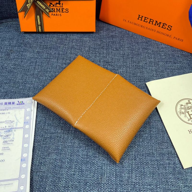 Hermes Calvi Card Holder Epsom Leather Gold Hardware In Brown