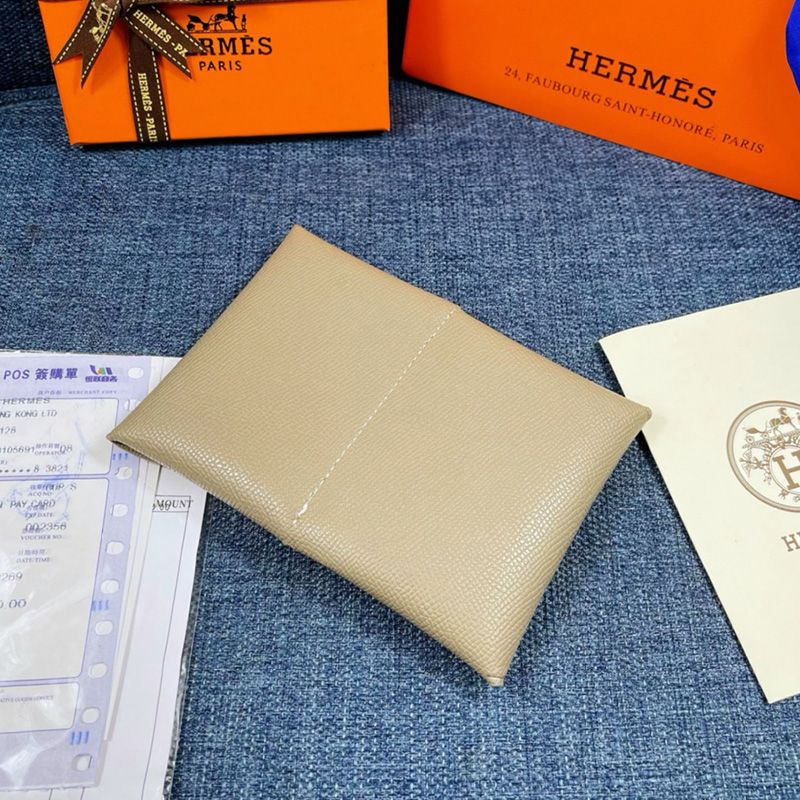 Hermes Calvi Card Holder Epsom Leather Gold Hardware In Grey